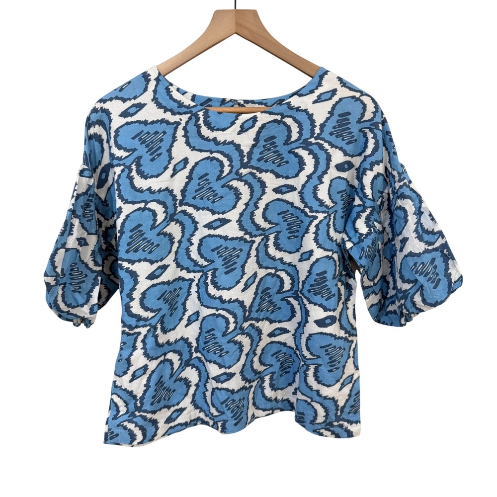 Fitzroy & Willa Blouse S Blue White Ikat Heart Puff Sleeve Cotton Top